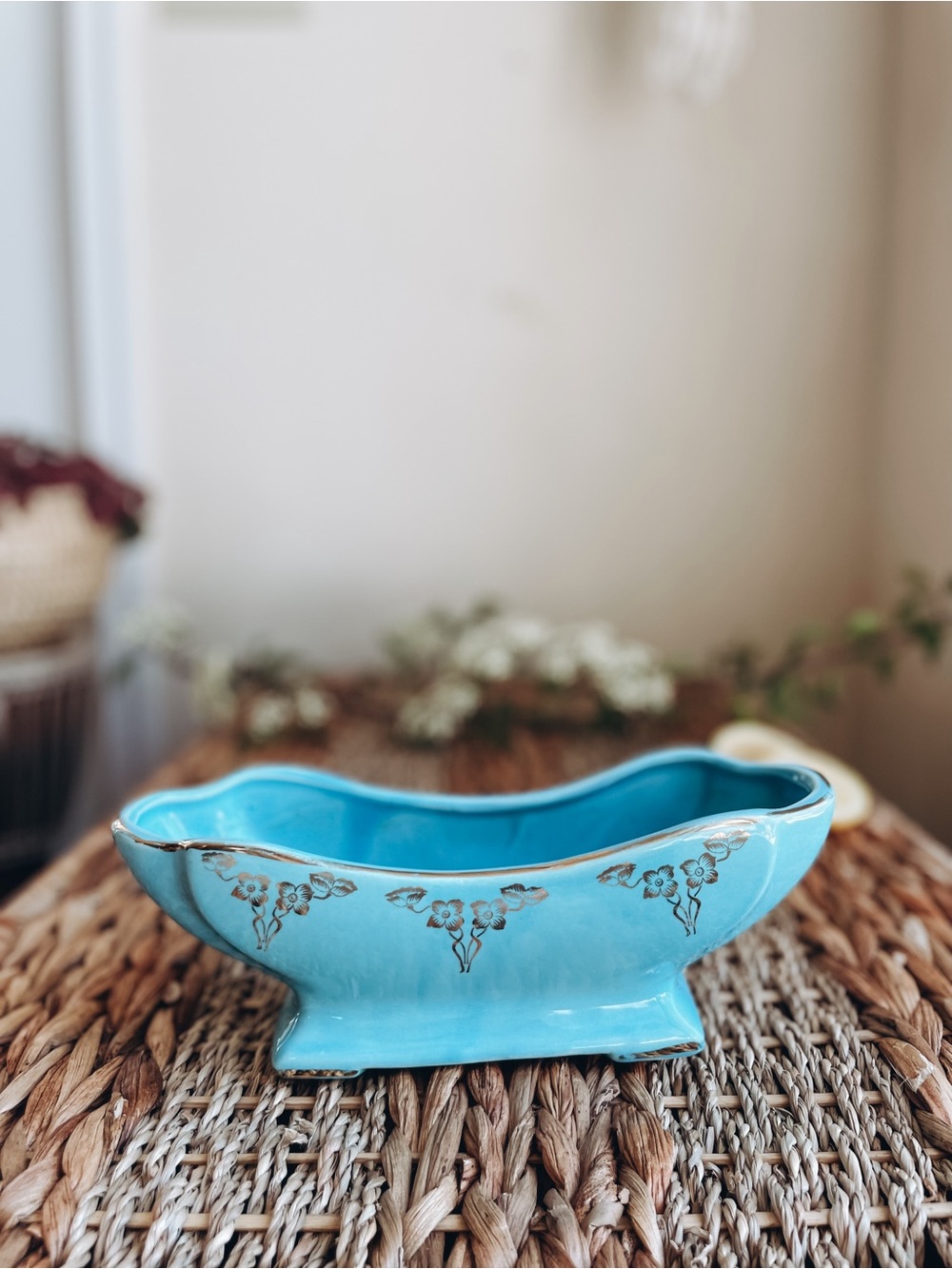 Turquoise Blue Ceramic Pedestal Planter or Bowl